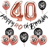 Zirtorei 11Pcs 40th Birthday Decorations Kit for Women, Rose Gold Happy 40th Birthday Pre-strung Banner 40 Foil Balloons, Forty Year Old Bday Party Supplies Photo Props