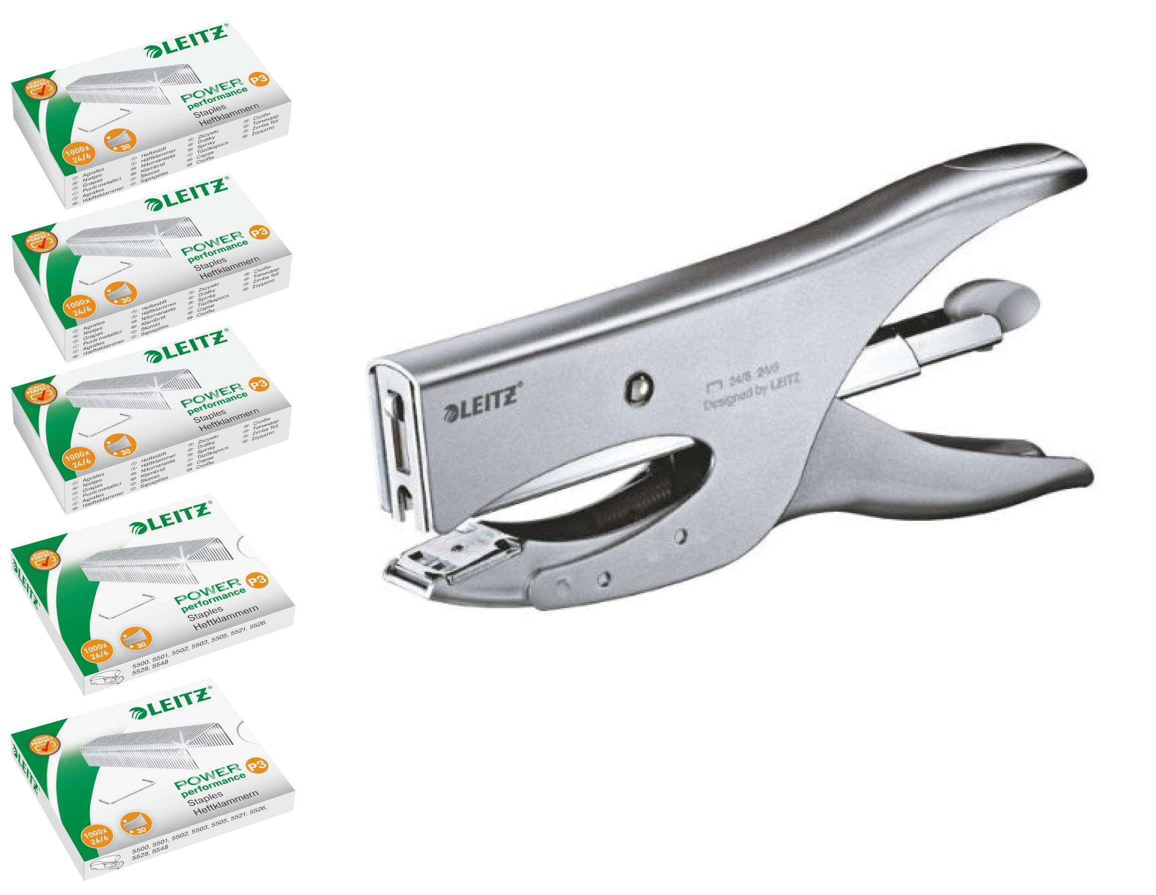 Leitz 55490081 Stapling Pliers Backloader Mechanism Stapling Capacity 40 Sheets Matte Silver with 5,000 Staples Starter Equipment (3x 1,000 24/6 and 2x 1,000 24/8) (Stapling Pliers 55490081, MK)