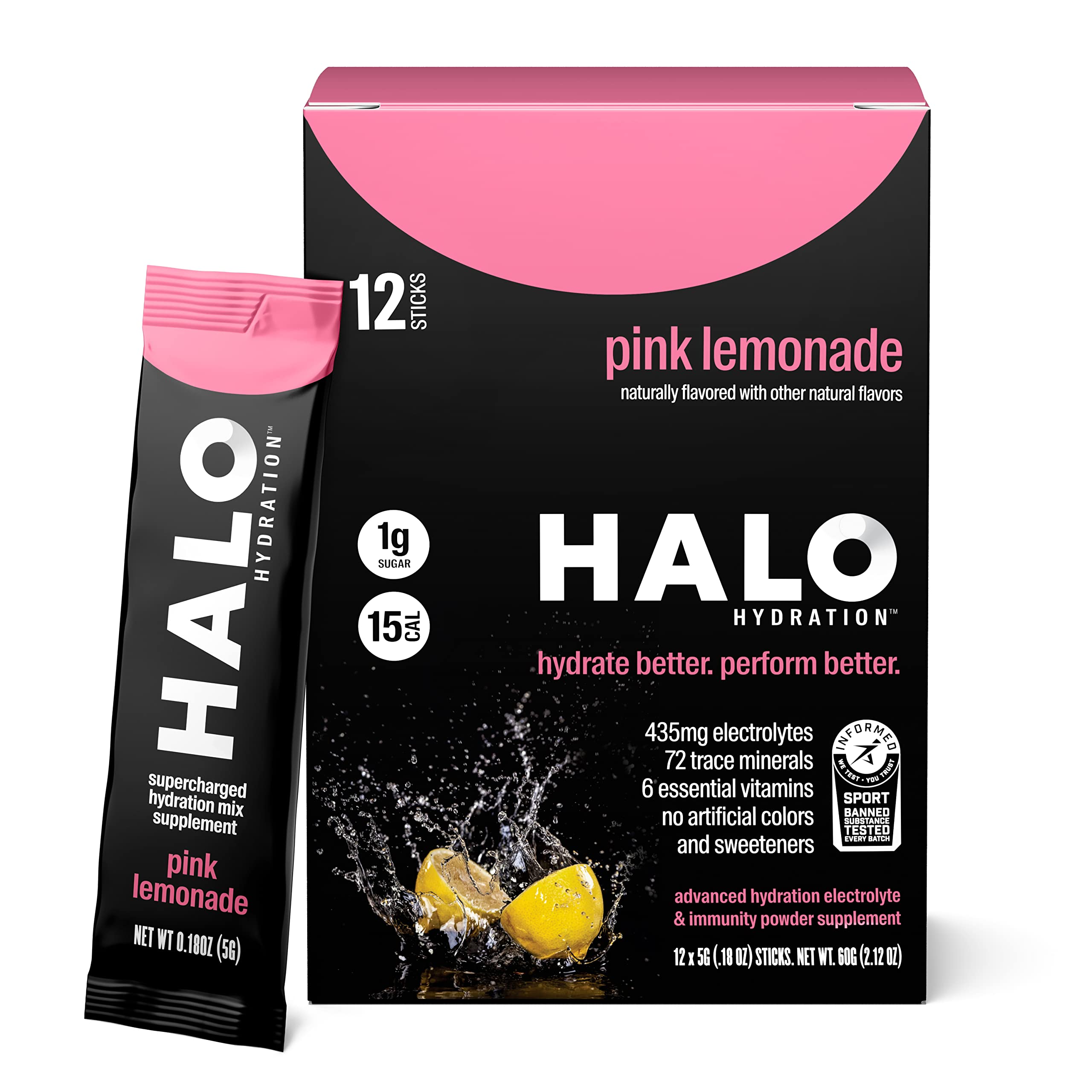 Halo Hydration Pink Lemonade - Electrolyte Drink Powder Sachets - Dietary Supplement, Rich in Vitamin C & Zinc, Complete Hydration - Keto, Vegan & Low Calorie - 12 x Sachets