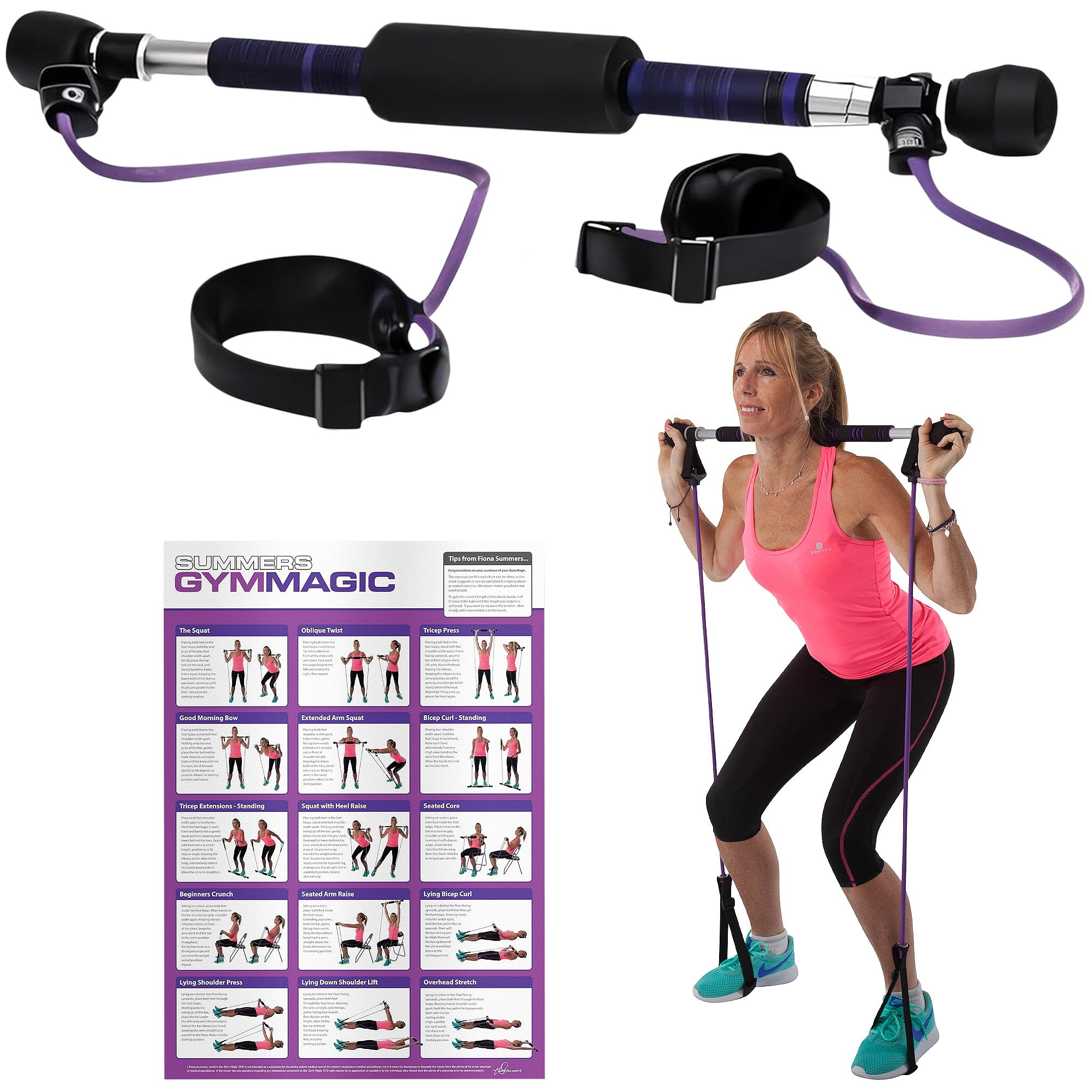 Gym Magic Pilates Reformer Bar Yoga Stick with Resistance Bands & Online Videos - Full Body Workout Fitness Kit with Padded Neck Support, Comfort Grip Handles & Latex Bands