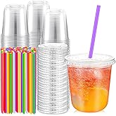 Ziliny 100 Pack Clear Plastic Cups With Flat Lids and Straws Disposable Drinking Cups for Iced Coffee, Cold Drinks, Juice, Smoothies, Milkshakes (12 oz)