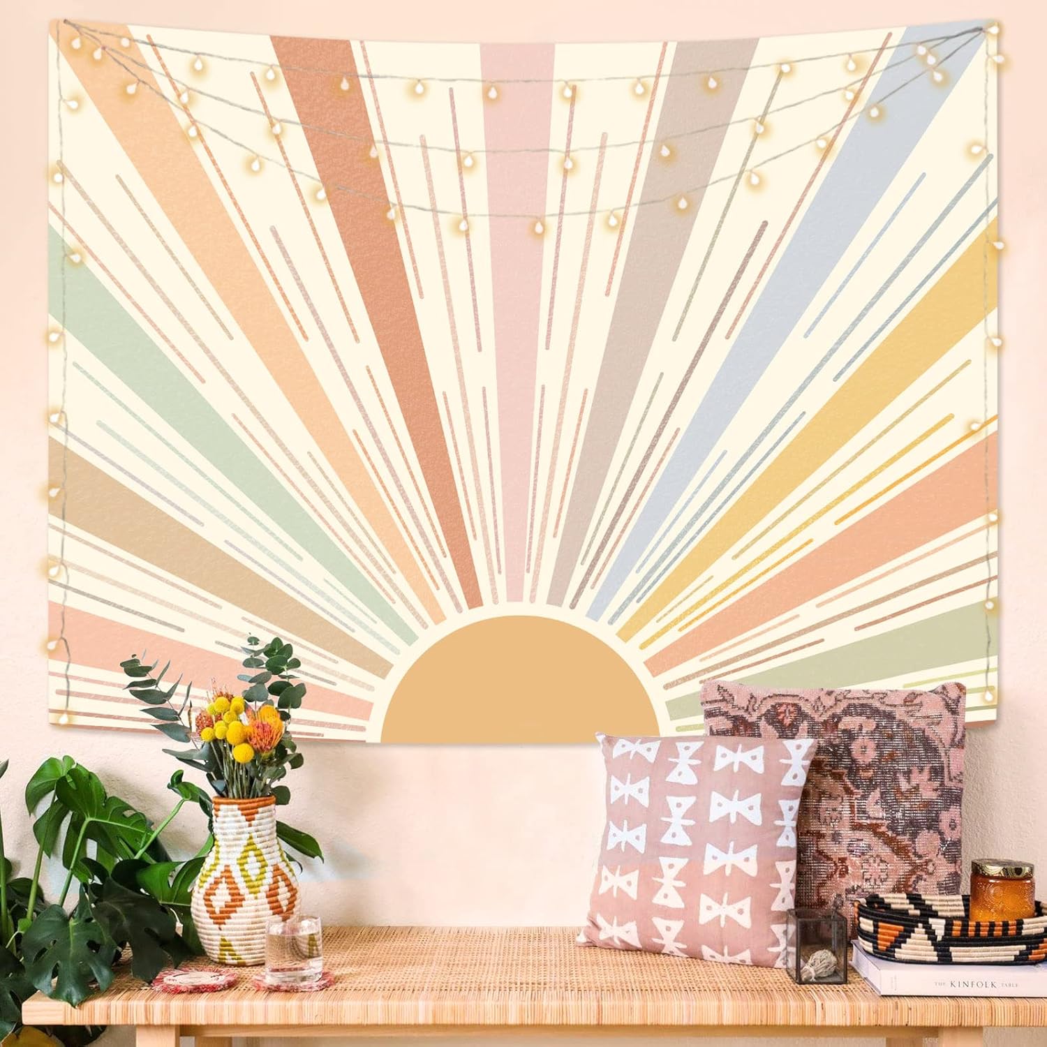 Tapestries - Kanuyee Boho Sun Tapestry Wall Hanging, Retro 70s Abstract Striped Aesthetic Sunrise Vintage Tapestries for Bedroom Living Room 44×60 inch