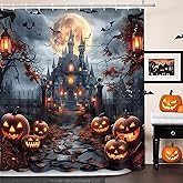 MEHOFOND Halloween Shower Curtain Scary Haunted House Evil Pumpkin Shower Curtains for Bathroom Scary Castle Horror Pumpkin Lantern Spooky Full Moon Night Gothic Dead Tree Bathroom Decor 72Wx72H Inch