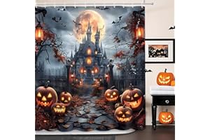 MEHOFOND Halloween Shower Curtain Scary Haunted House Evil Pumpkin Shower Curtains for Bathroom Scary Castle Horror Pumpkin Lantern Spooky Full Moon Night Gothic Dead Tree Bathroom Decor 72Wx72H Inch