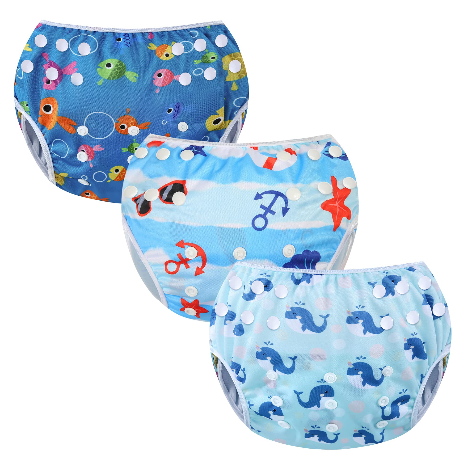 Codkkre Swimming Nappy Reusable Swim Baby Nappies Adjustable Size Washable Pack of 3 Nappies for Swimming Lessons 0-3 Years(Fish+Beach+Whale)