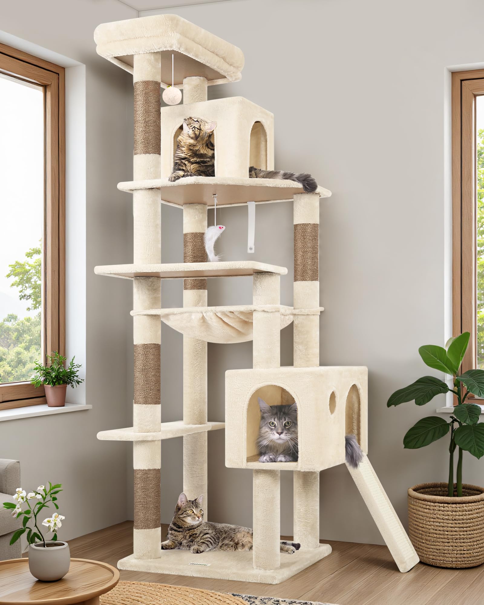Globlazer Heavy Duty Cat Tree Tower, 70inch Sturdy Cat Tree for Indoor Cats Sturdy Large Cat Tower with Scratching Post and Scratching Board, Hammock, Cat Condo for Adult Cats Kittens, F70 Pro, Beige Image