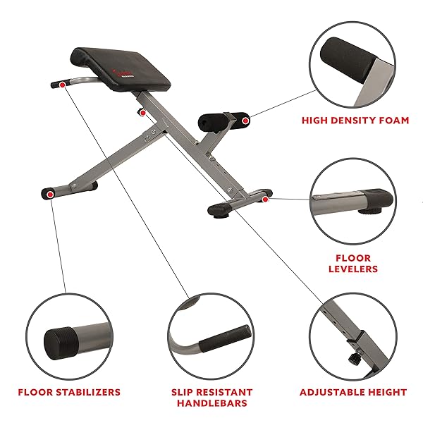 SUNNY HEALTH & FITNESS 45-DEGREE HYPEREXTENSION ROMAN CHAIR WITH ADJUSTABLE HEIGHT AND BACK, GLUTE, HAMSTRING, AND AB WORKOUTS FOLDABLE SIT UP GYM BENCH FOR HOME, GRAY – SF-BH6629