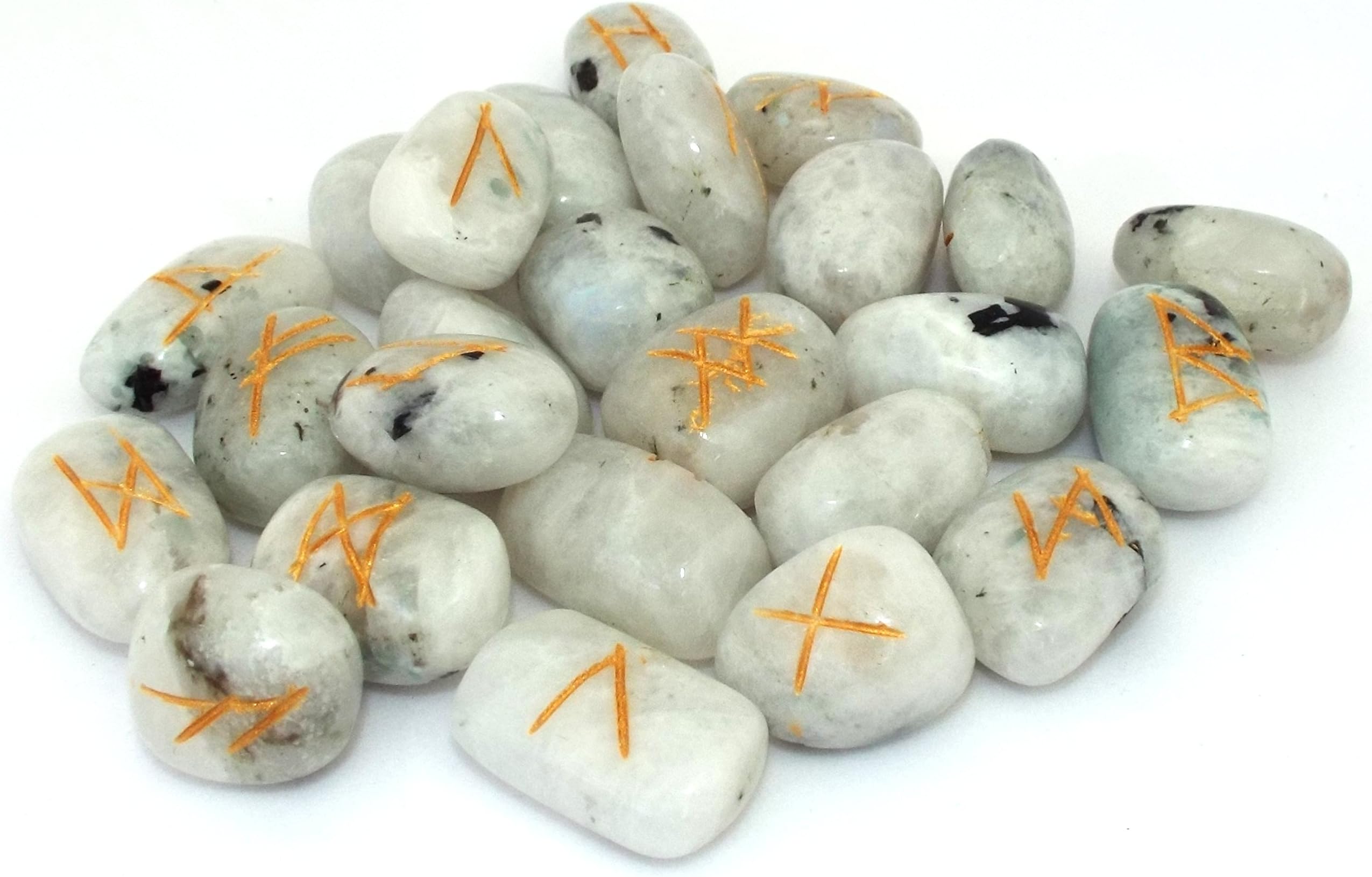Rainbow Moonstone Etched Gemstone Elder Futhark Rune Set with Booklet