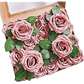 YUZZ Fake Roses Dusty Rose Artificial Roses Flowers Silk Roses Heads with Stems 25pcs Realistic Silk Roses for Wedding Centerpieces Bridal Show Bouquets Party Home DIY Flowers Decoration