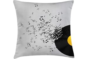 Ambesonne Music Throw Pillow Cushion Cover, Flying Music Notes Abstract Design Disc Album Dancing Nightclub Print, Decorative Square Accent Pillow Case, 18" X 18", Ivory Black