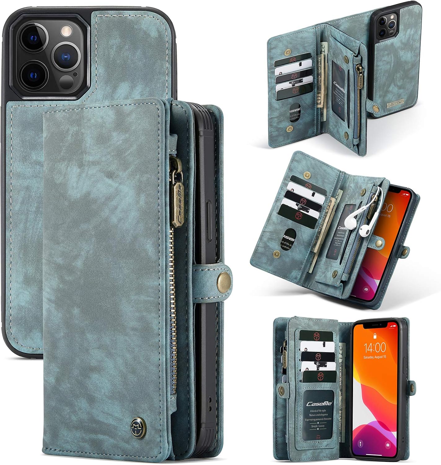 ANROD Detachable Leather Wallet Case for iPhone 12 Pro Max,CaseMe Magnetic Closure 2-in-1 Flip TPU Shockproof Zipper Purse Back Cover with Card Slots (Blue)