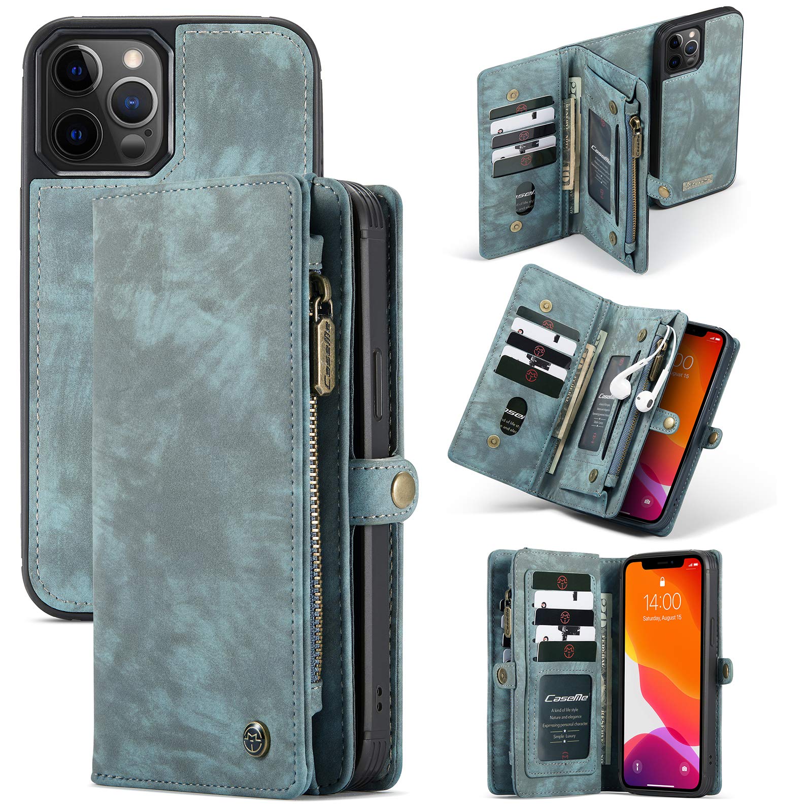 ANROD Detachable Leather Wallet Case for iPhone 12 Pro Max,CaseMe Magnetic Closure 2-in-1 Flip TPU Shockproof Zipper Purse Back Cover with Card Slots (Blue)