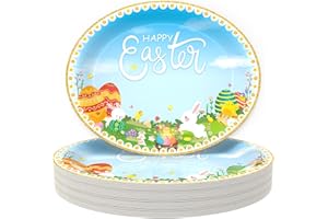 Disposable Easter Paper Plates, 36-Count Large Heavy Duty Oval Dinner Dessert Cake Basket Plates for Party, 10.2 x 12.6 Inch