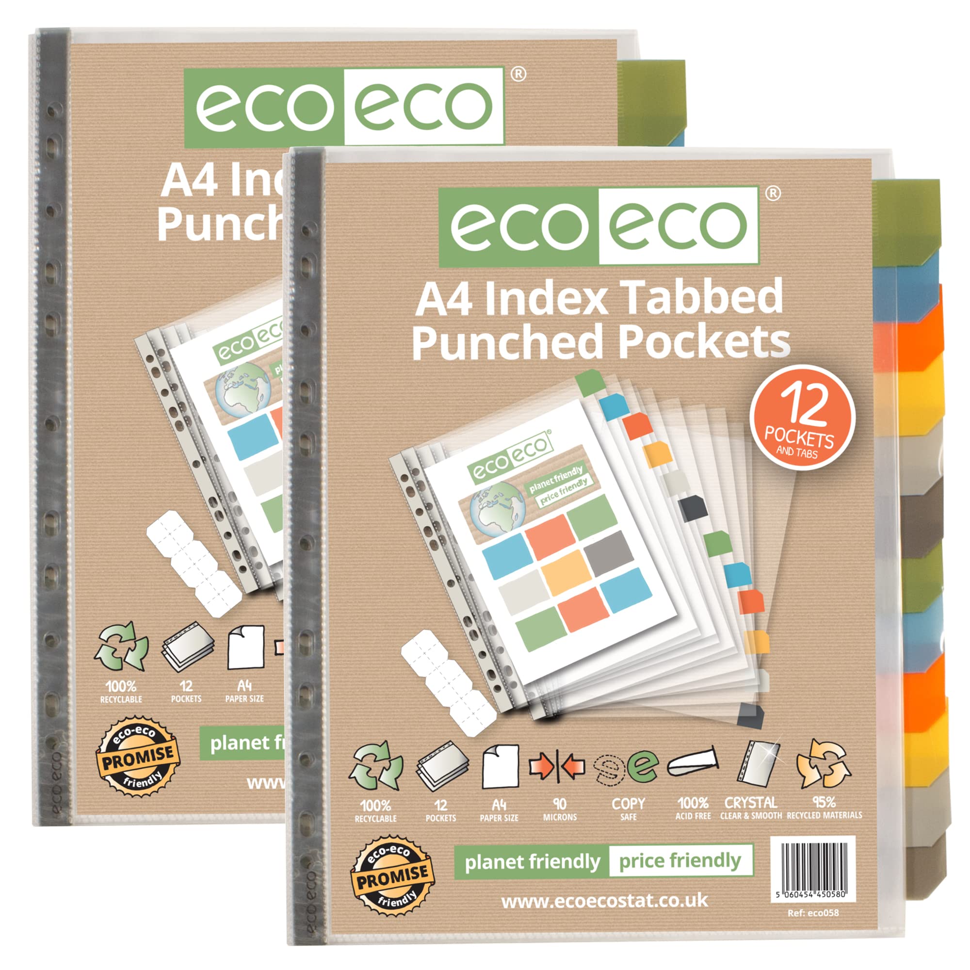 eco-eco A4 95% Recycled Set 12 Punched Poly Pockets with Divider Index Tabbed Wallets, Sheet Protectors, Pack of 2, eco058x2,black, blue, yellow, green, orange, grey