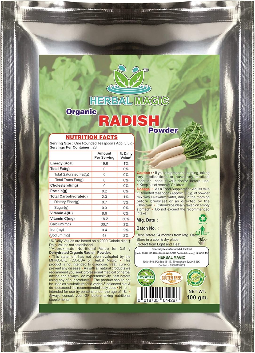 100g Organic Certified Radish Powder (mooli) Rich in Potassium Vitamin