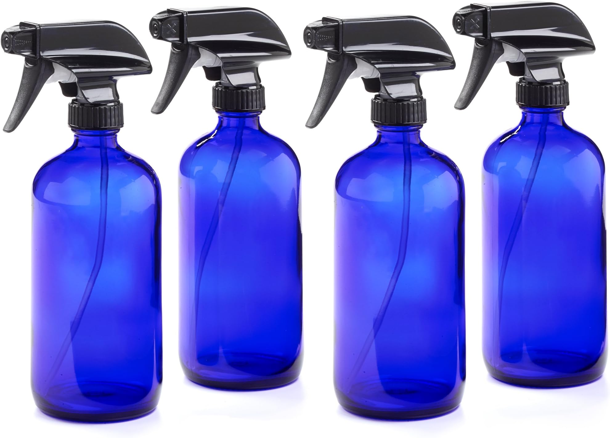 16oz / 500 ML Empty Cobalt Blue Glass Spray Bottles w/Labels and Caps (4 Pack) - Mist & Stream Sprayer - BPA Free - Boston Round Heavy Duty Bottle - For Essential Oils, Cleaning, Kitchen, Iron, Hair, Perfumes