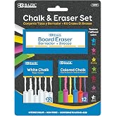 BAZIC Colored (12 Pcs) + White (12 Pcs) Chalk + Premium Chalkboard Eraser Bundle, Non-Toxic Kids Art Office Classroom Store Home, 1-Pack