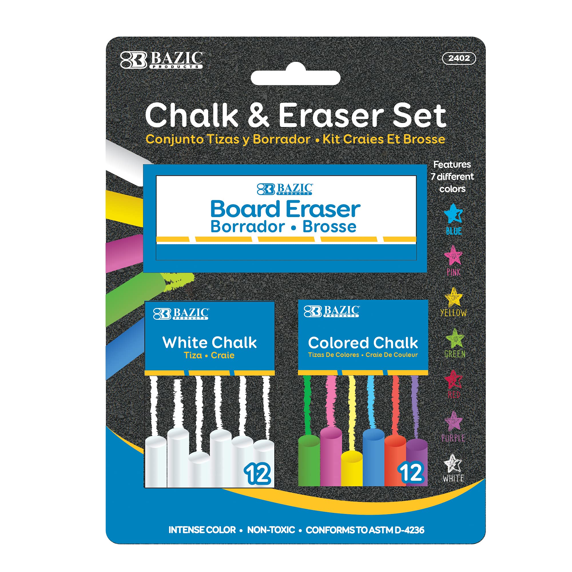 Photo 1 of BAZIC Colored (12 Pcs) + White (12 Pcs) Chalk + Premium Chalkboard Eraser Bundle, Non-Toxic Kids Art Office Classroom Store Home, 1-Pack