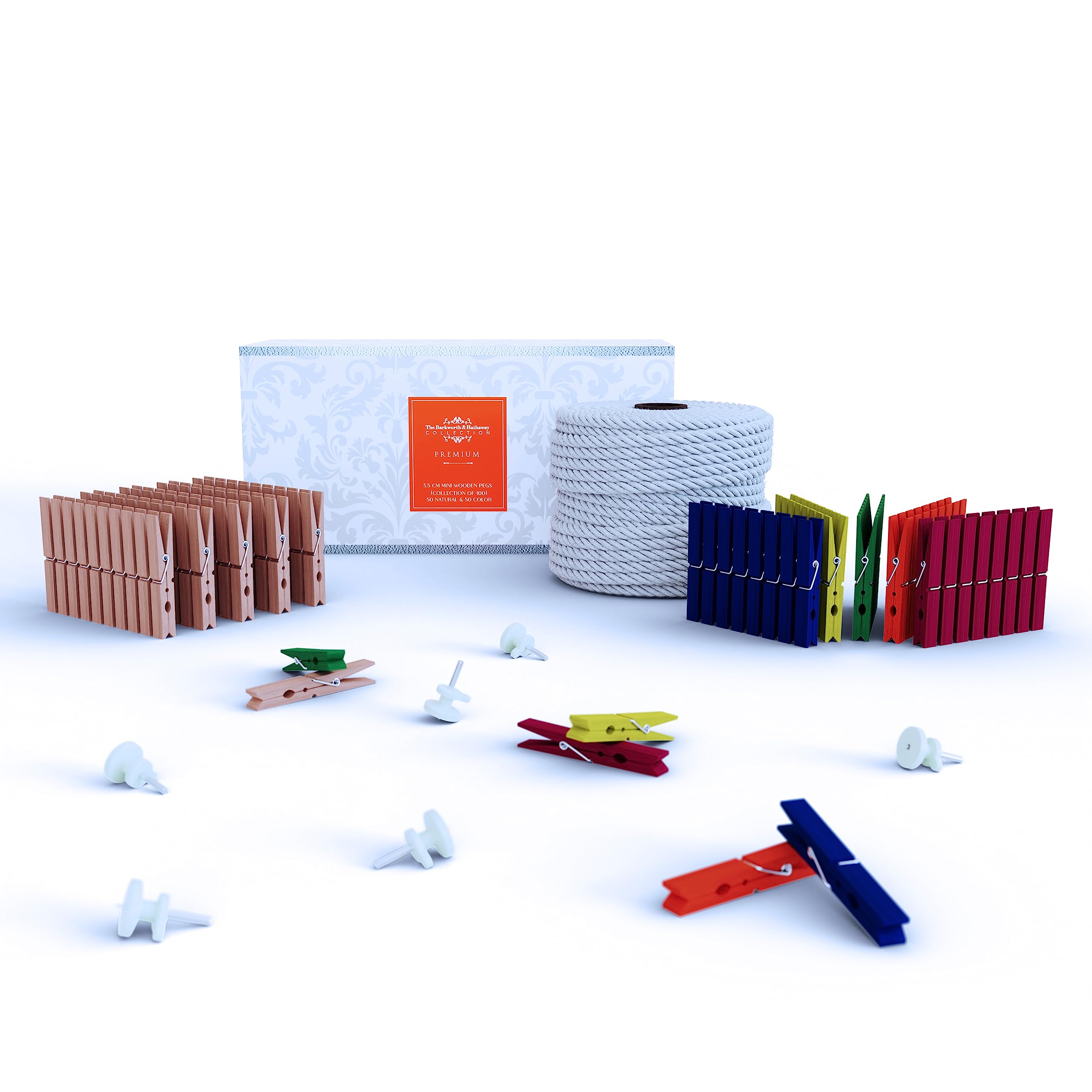 Mini Wooden Pegs with Twine for Photos, 100 Pack Natural & Coloured Craft Pegs, Small Wooden Clothes Pegs for Photo Display, Gift Tags, Christmas Cards, DIY Crafts