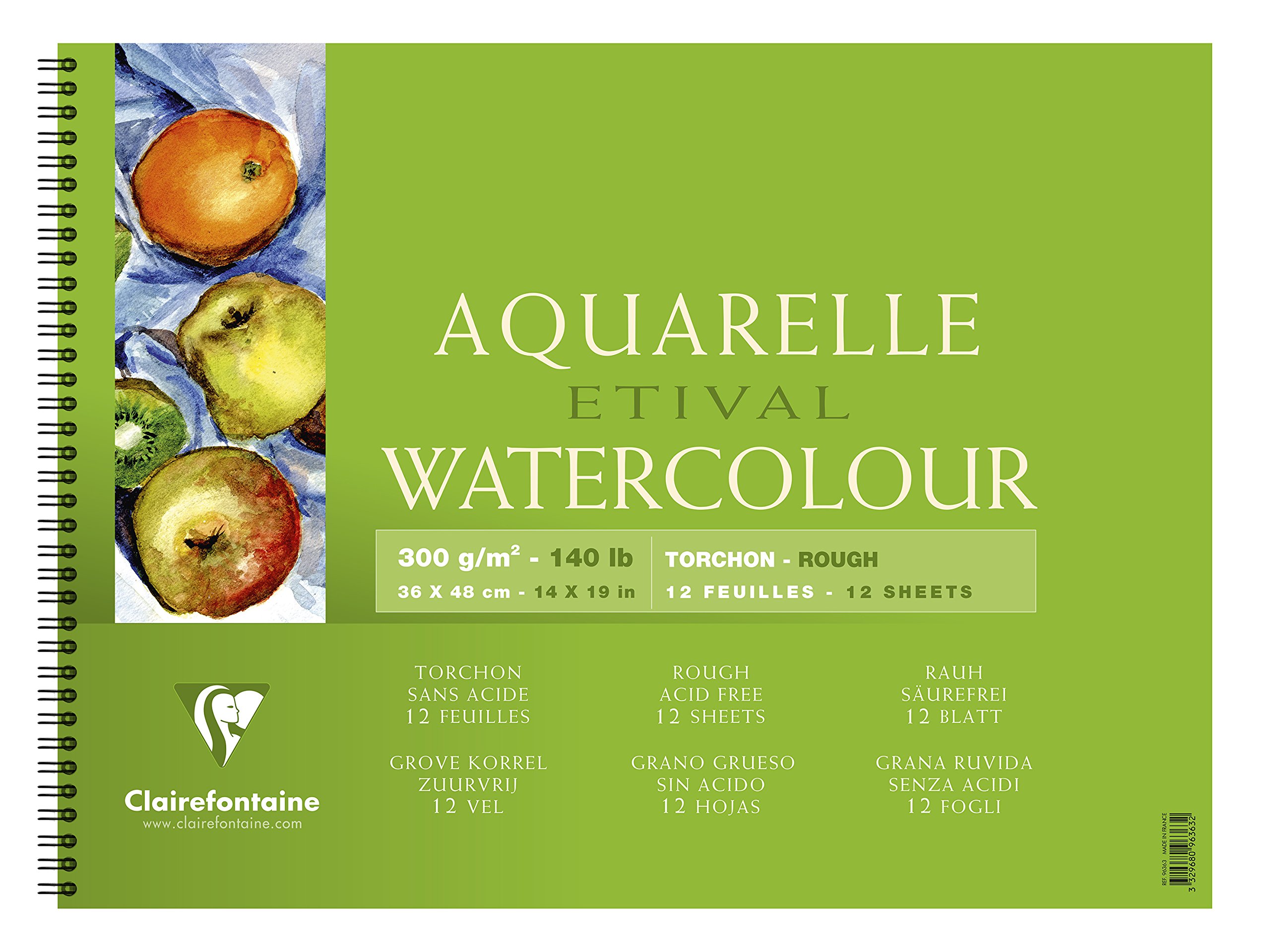 Clairefontaine - Ref 96363C - Etival Rough Grained Wirebound Pad (12 Sheets) - 36 x 48cm Size, Acid Free, pH Neutral, 300gsm Paper - Suitable for Watercolour Artwork
