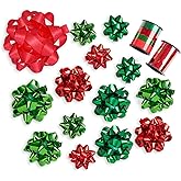 WRAPAHOLIC 16 Pcs Gift Bows Assortment - 14 Multi Colored Assorted Size Gift Bows (Holographic Red and Green) and 2 Crimped Curling Ribbons, Perfect for Christmas, Holiday, Party