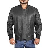 STOREJEES Leather Bomber Jacket Men - Ribbed Style Casual Varsity Real Lambskin Mens Leather Jacket Moto Fashion