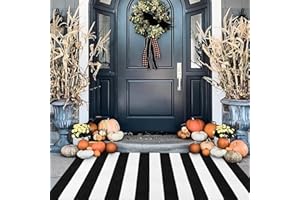 Black and White Outdoor Rug 3'x 5',Collive Hand-Woven Washable Striped Fall Outdoor Rug,Farmhouse Front Porch Rug Decor,Welcome Autumn Layered Door Mats for Front Door/Entryway/Patio
