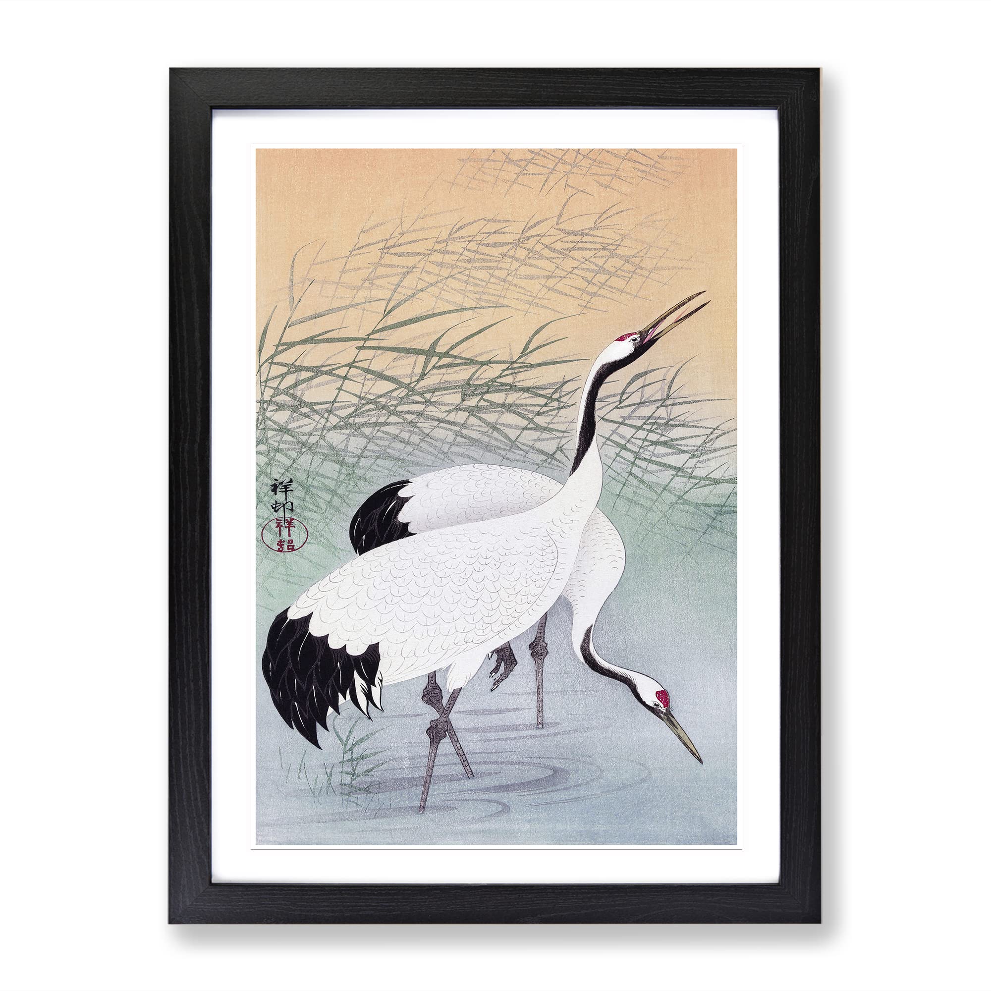 Two Cranes By Ohara Koson Asian Japanese Framed Wall Art Print, Ready to Hang Picture for Living Room Bedroom Home Office Décor, Black A4 (34 x 25 cm)