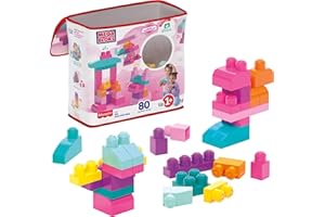 MEGA BRANDS MEGA BLOKS First Builders Toddler Blocks Toys Set, Big Building Bag Collection with 80 Pieces and Storage, Pink, Ages 1+ Years