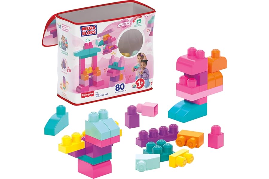 MEGA BLOKS First Builders Toddler Blocks Toys Set, Big Building Bag Collection with 80 Pieces and Storage, Pink, Ages 1+ Years