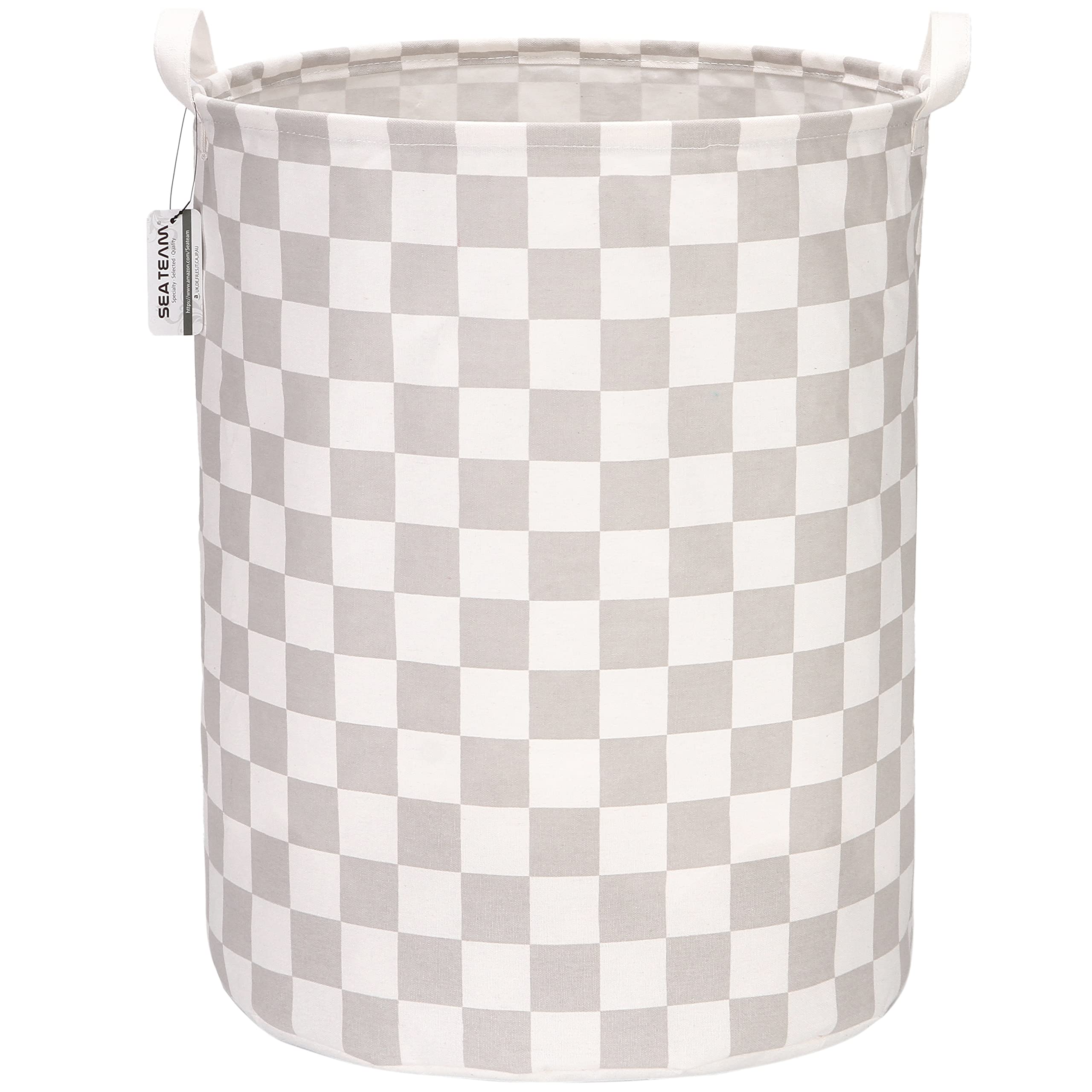 Sea Team 19.7 Inch Large Sized Waterproof Coating Ramie Cotton Fabric Folding Laundry Hamper Bucket Cylindric Burlap Canvas Storage Basket with Stylish Grid Grey Design — image 1