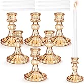 Suclain 12 Pcs Wedding Candlestick Holders Taper Candles Set Clear Glass Candle Holder and White Tapered Candles Dripless Tall Candle Sticks for Wedding Party Table Favor(Gold)