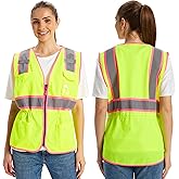 Hi Vis Safety Vest for Women,Working Drawstring Waist Construction Vest with Pockets and Zipper,Womens Safety Vest,ANSI Type R Class2