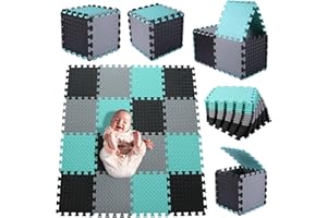 Coolcandy Foam Play Mat(16 Pcs/Set), Multi-Colored Play Mat for Baby, EVA Non-Toxic Interlocking Foam Puzzle Floor Mats, 0.4" Thick Square Kids Playmat for 47 * 47" Playpen(Black/Gray/Green)
