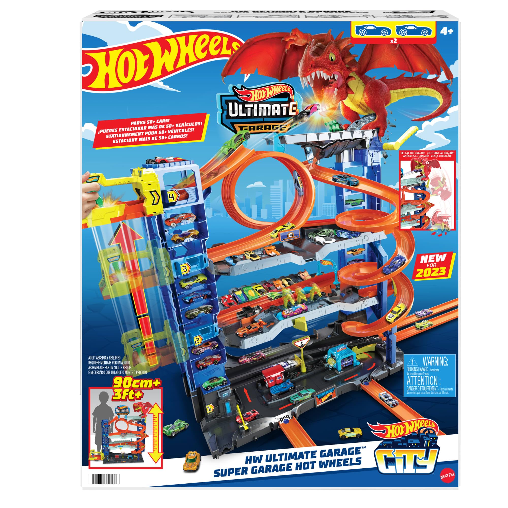 Hot Wheels City Ultimate Garage Track Set with 2 Die-Cast Toy Cars & Car-Eating Dragon, Stores 50+ Vehicles, 4 Levels
