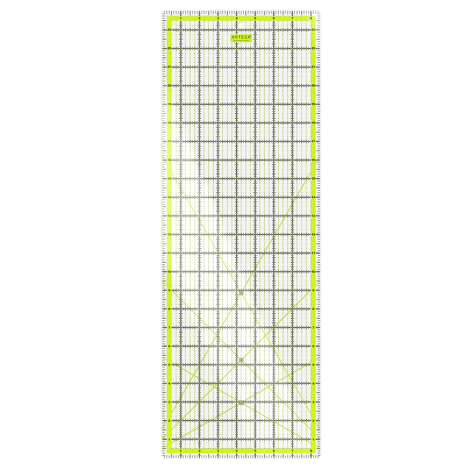 Arteza Quilting Ruler, Laser Cut Acrylic Quilters' Ruler with Patented Double Coloured Grid Lines for Easy Precision Cutting, 8.5" Wide x 24" Long for Quilting, Sewing & Crafts, Black & Lime Green