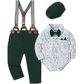 YALLET Baby Boy Clothes Set Infant Tuxedo Long Sleeve Gentleman Suit Outfits + Beret Hat + Suspender Pants + Bowtie 0-18M