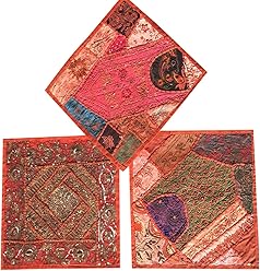 Set Of 3 Boho Decorative Indian Throw Pillow Cases Orange Embroidered Patchwork Cushion Cover 16 " x 16 "