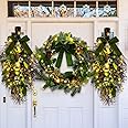 Meooeck 3 Pcs Christmas Pre Lit Wreath and Swag with Lights Artificial 24in Christmas Garland for Front Door Outdoor Indoor Home Party Decoration with Bow Pine Cones Berries Battery Operated (Green)