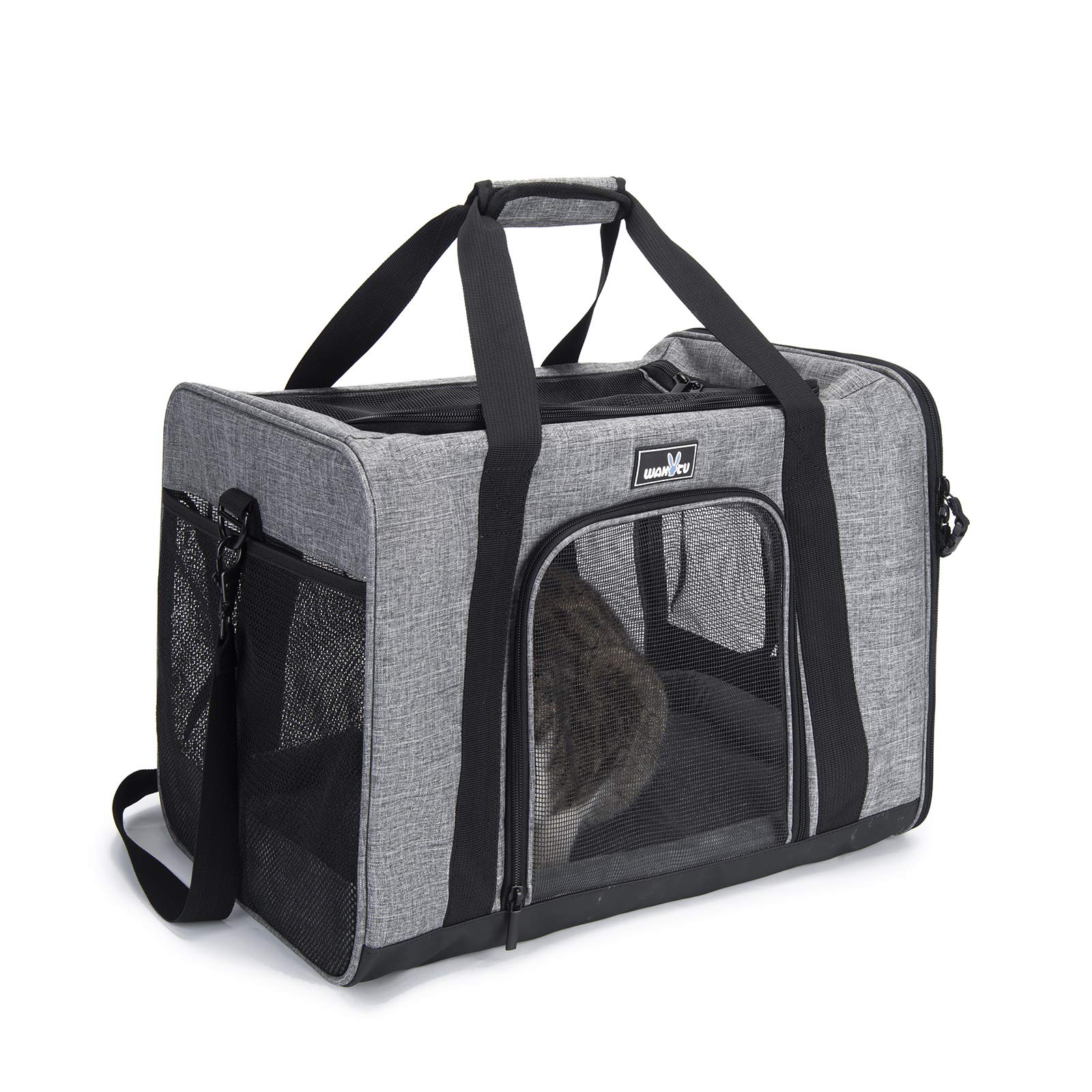 Wakytu Pet Carrier Bag for Small Medium Cats and Dogs, Foldable Cat Travel Carrier Bag with 5 Mesh Windows 3 Entrance, Soft-Sided Dog Carrier with Removable Pad