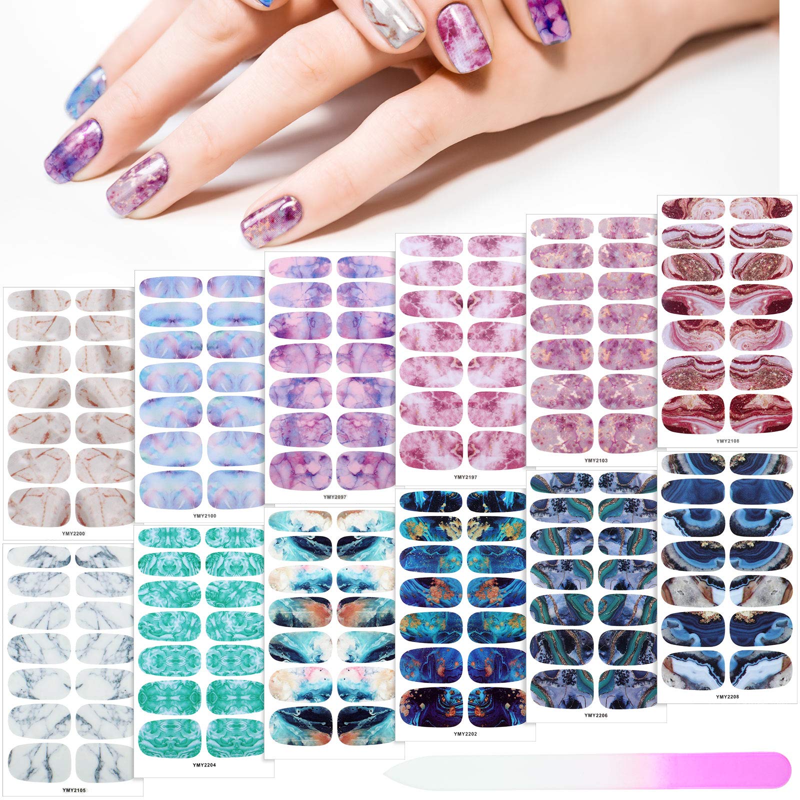 Maitys 168 Pcs 12 Sheets Full Wrap Nail Stickers Polish Strips Gradient Stickers Glitter Self Adhesive DIY Gel Nail Strips Decals with 1 Pcs Fingernail Files for Holiday Decor(Chic Style)