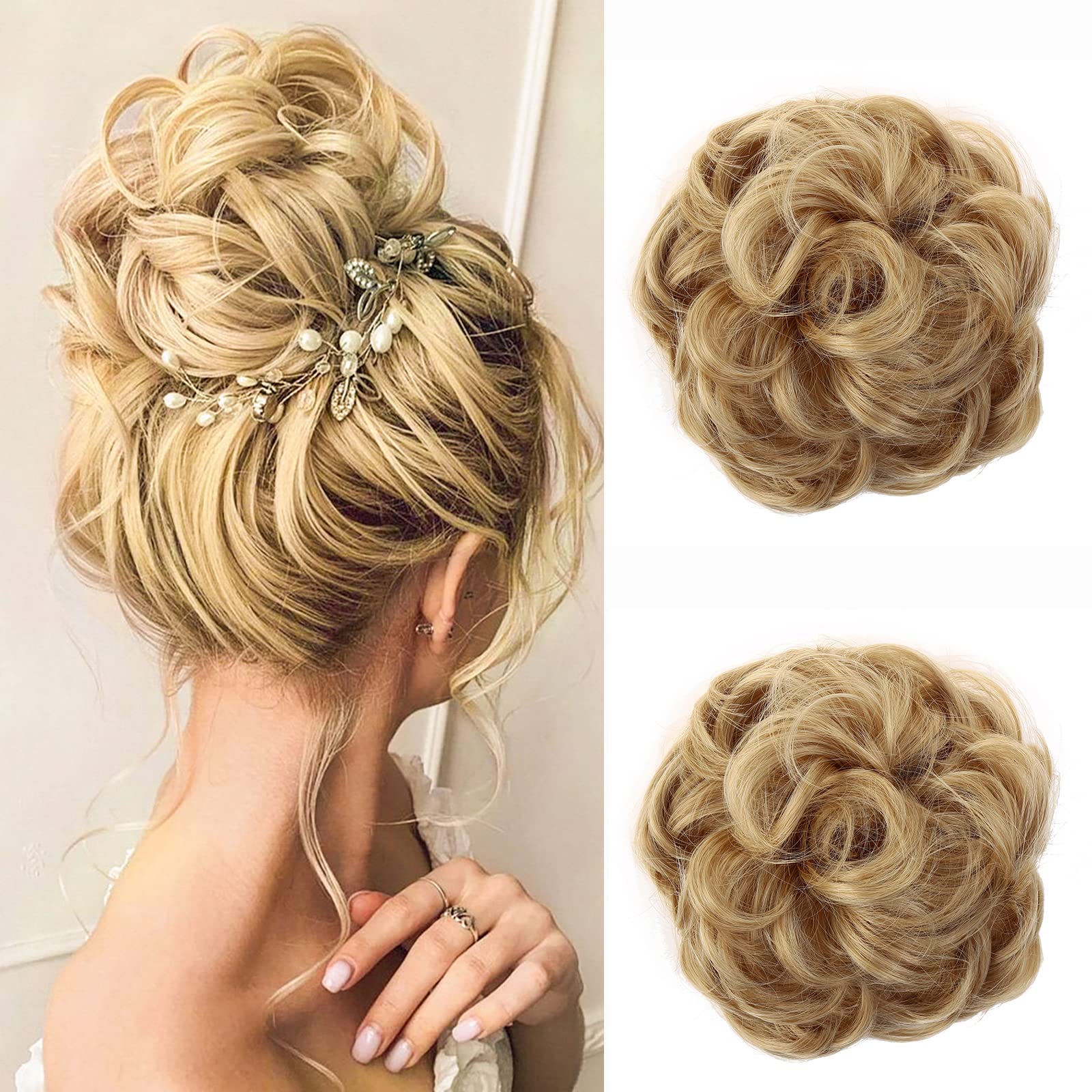 JJstar 2PCS Messy Bun Hair Piece Curly Fake Hair Buns Donut Tousled Updo High Heat Resistant Synthetic Fiber Hair Scrunchies Pieces for Women Girls Ponytail Extension(Natural Blonde)