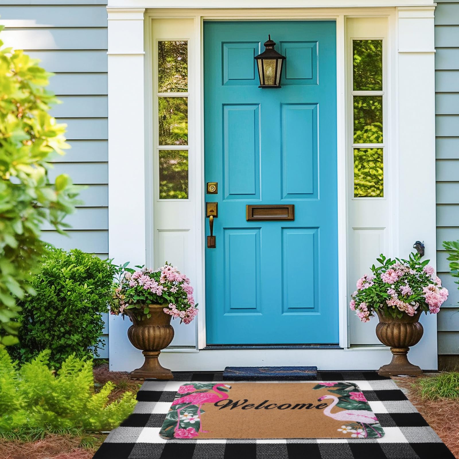 FuWeave 2 Pcs Flamingo Doormat Rug Outdoor Welcome Mat Set Coir Door Mat and 27.5"x 43" Black and White Checkered Cotton Buffalo Plaid Layering Rug for Party Front Porch Summer Decoration Bathroom - Image 5