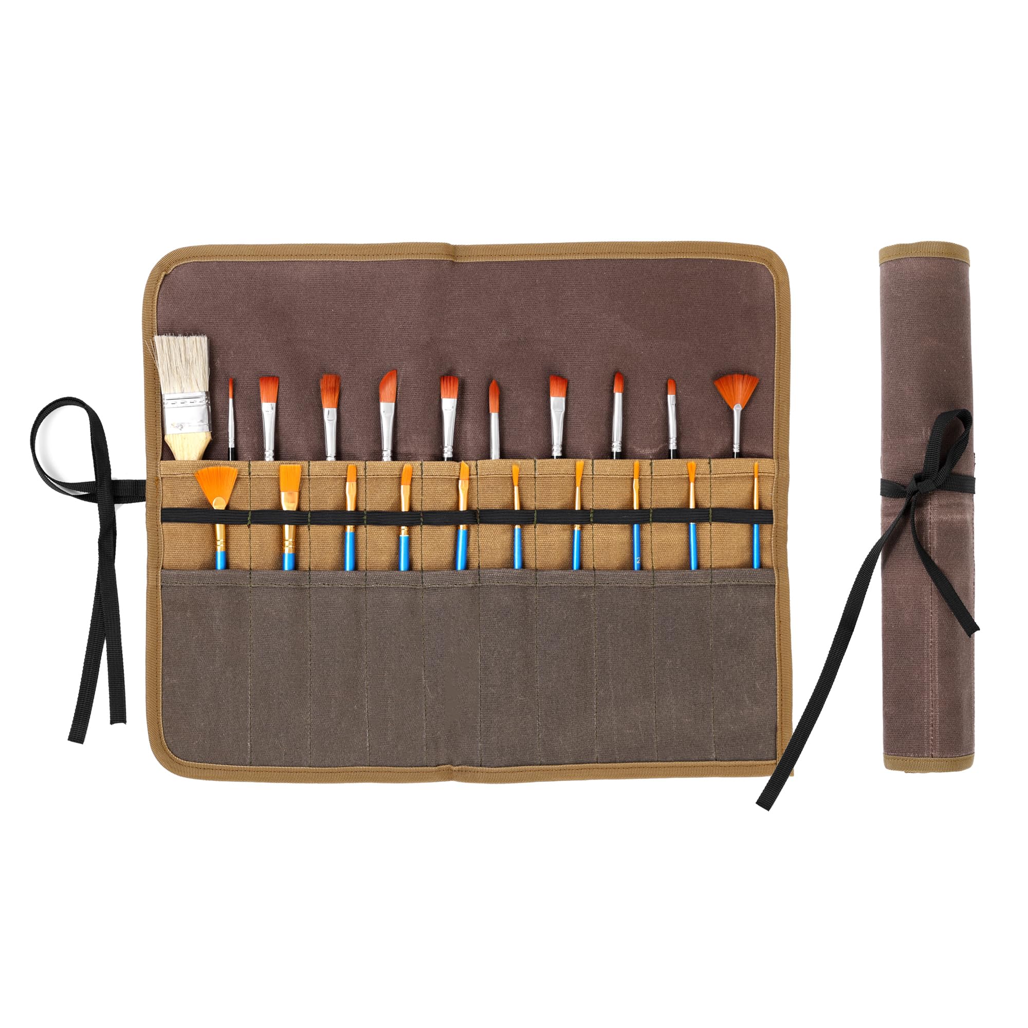 Kaaltisy Art Brush & Pencil Holder Case, Portable Paintbrush Storage Roll with Tie Rope & 2-Layer Slots, Heavy Duty 16OZ Waxed Canvas Paintbrush Roll | Brown