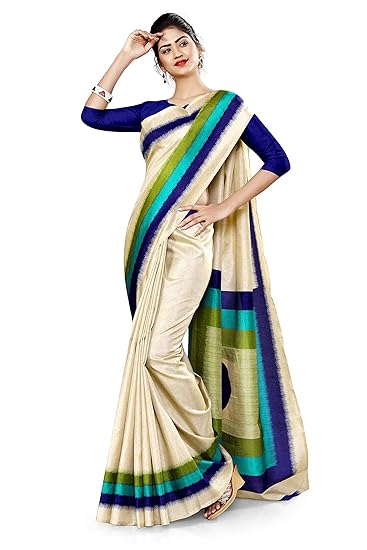 Uniform Sarees Corp Womens Gala Border Polycotton CotFeel Hotel Uniform Saree With Blouse (Beige;Navy Blue)