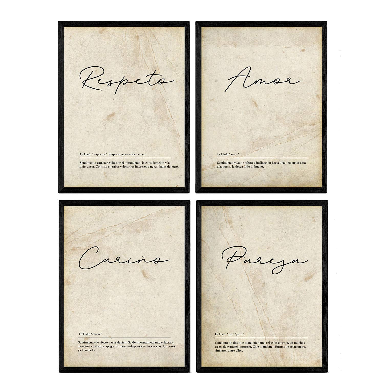 Nacnic Set of four plates with word definitions for couples Nordic White Background Poster in A4 size unframed