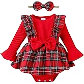 Mubineo Infant Baby Girl Christmas Plaid Overall Dress Outfits Fall Winter Ruffle Romper Headband Sets