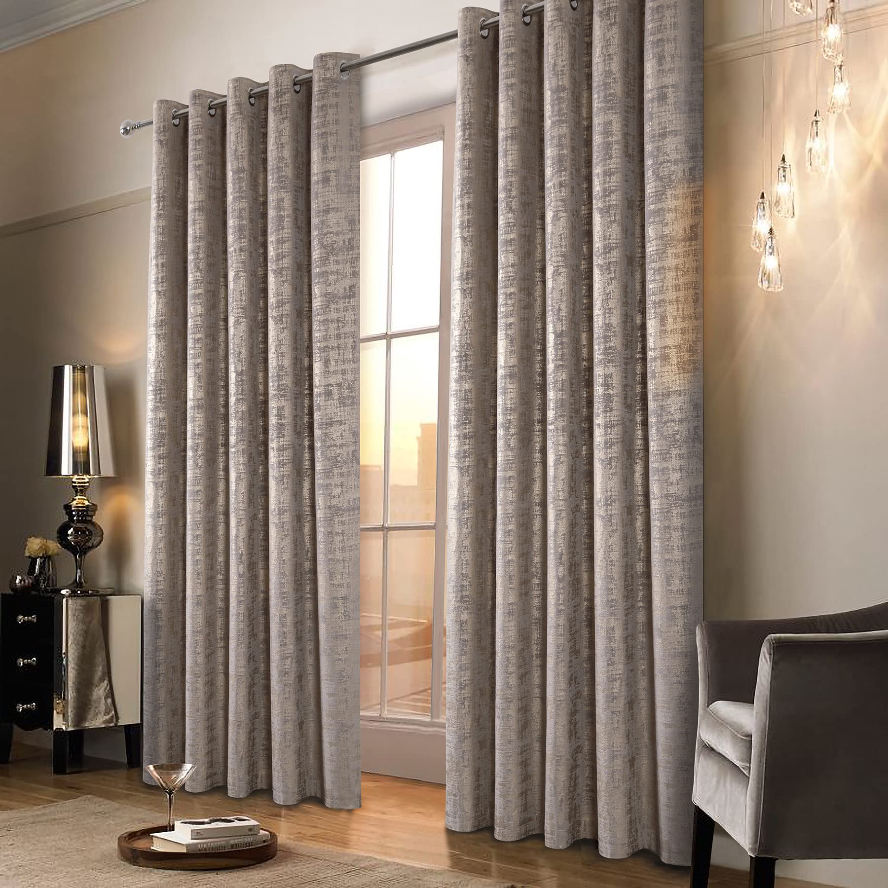 always4u Soft Velvet Curtains 100% Blackout for Window for Bedroom Thermal Gold Foil Printed Shining Luxury Window Treatment Drapes for Living Room 1 Pair Champagne 66 * 54