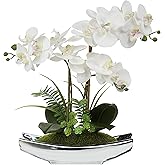 Briful Orchids Artificial Flowers 15" White Phalaenopsis Orchid with Silver Pots Real Touch Faux Orchid Plant for Home Office Living Room Table Decoration
