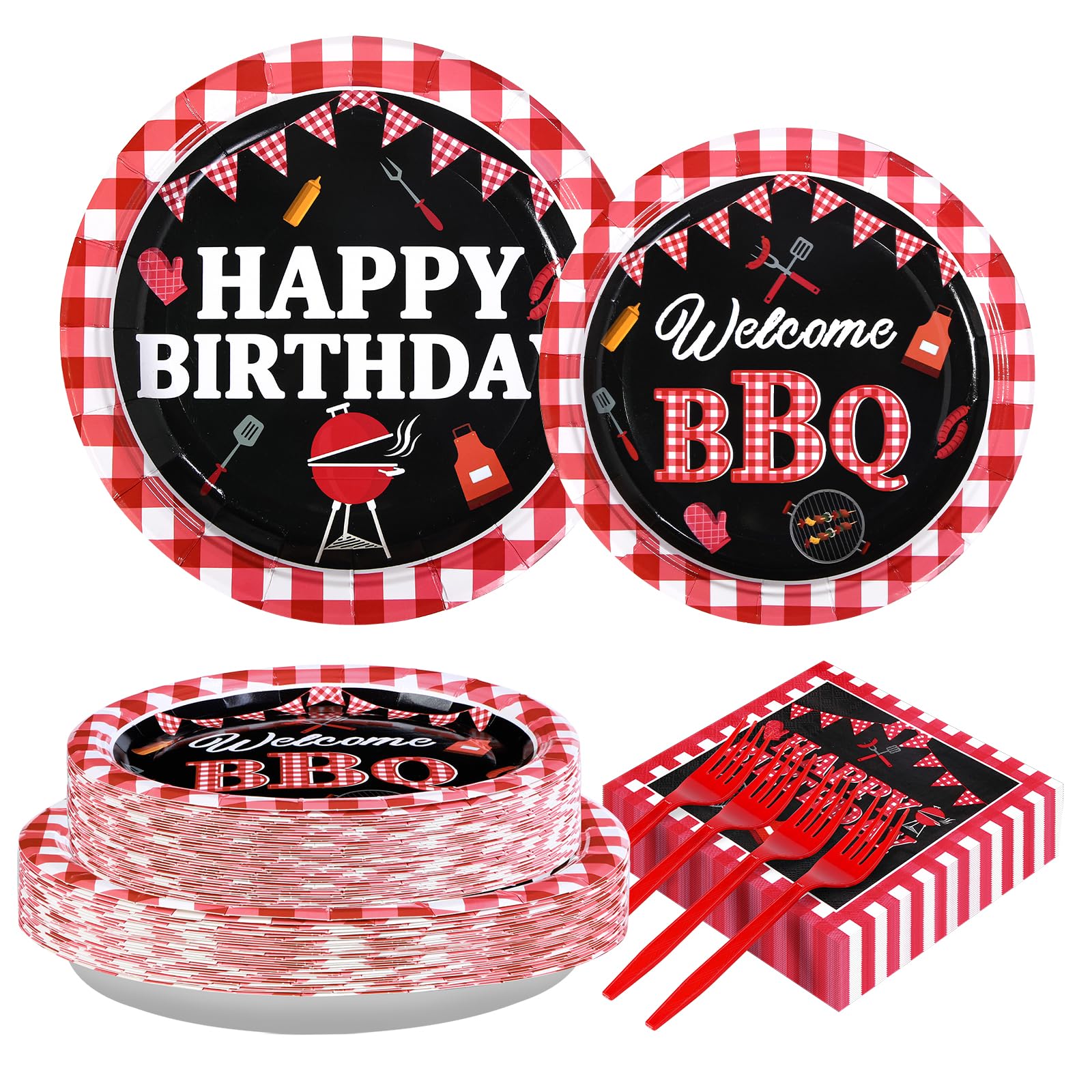Photo 1 of Grencian 200 Pcs BBQ Party Decorations for Birthday Picnic Red and Black Gingham BBQ Baby Shower Plates Supplies Summer Picnic Baby Q Birthday Party Decorations for Summer Barbecue Kids Adults